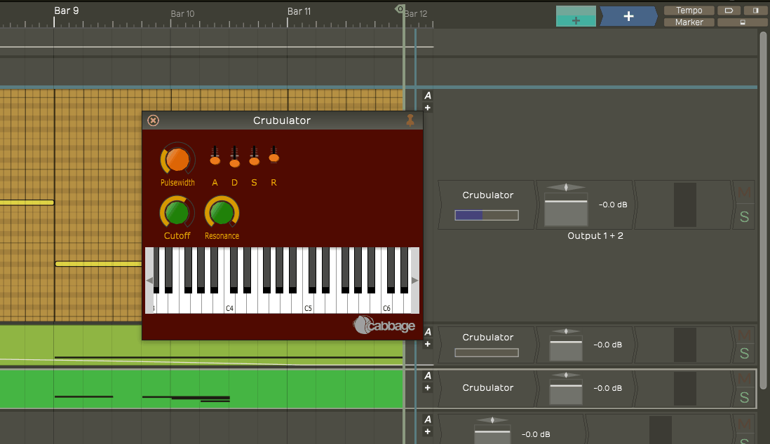Screenshot of the synth plugin in use with the Tracktion DAW