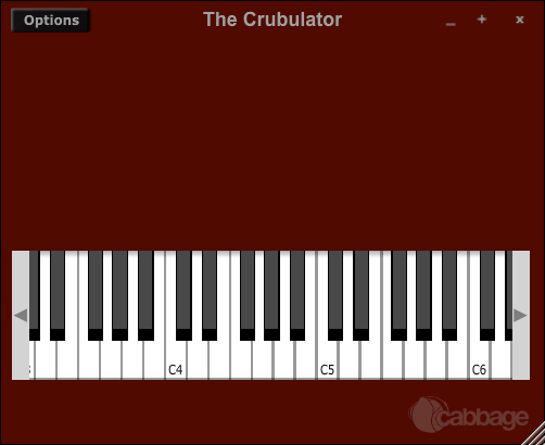 Screenshot of the Cabbage synth window, showing a keyboard on a deep red background. It's titled 'The Crubulator'.