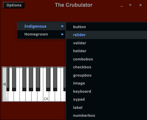 Screenshot of the Cabbage synth window, in which we're showing the menu to add a knob.